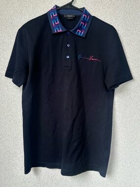 Versace Greca Collar Polo Shirt Black Gradient Taylor Fit Size XS